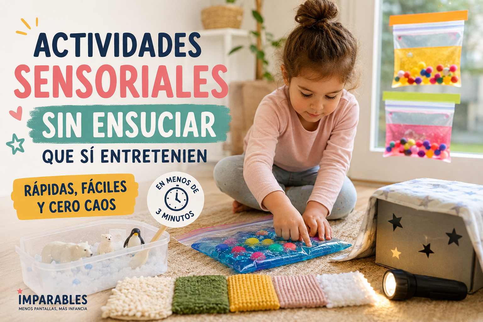 Niña jugando con actividades sensoriales limpias en el salón de casa