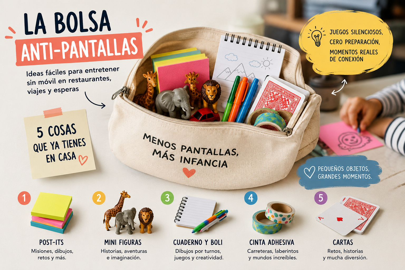 Bolsa anti-pantallas con post-its, mini figuras, cuaderno, cinta adhesiva y cartas para entretener a niños fuera de casa