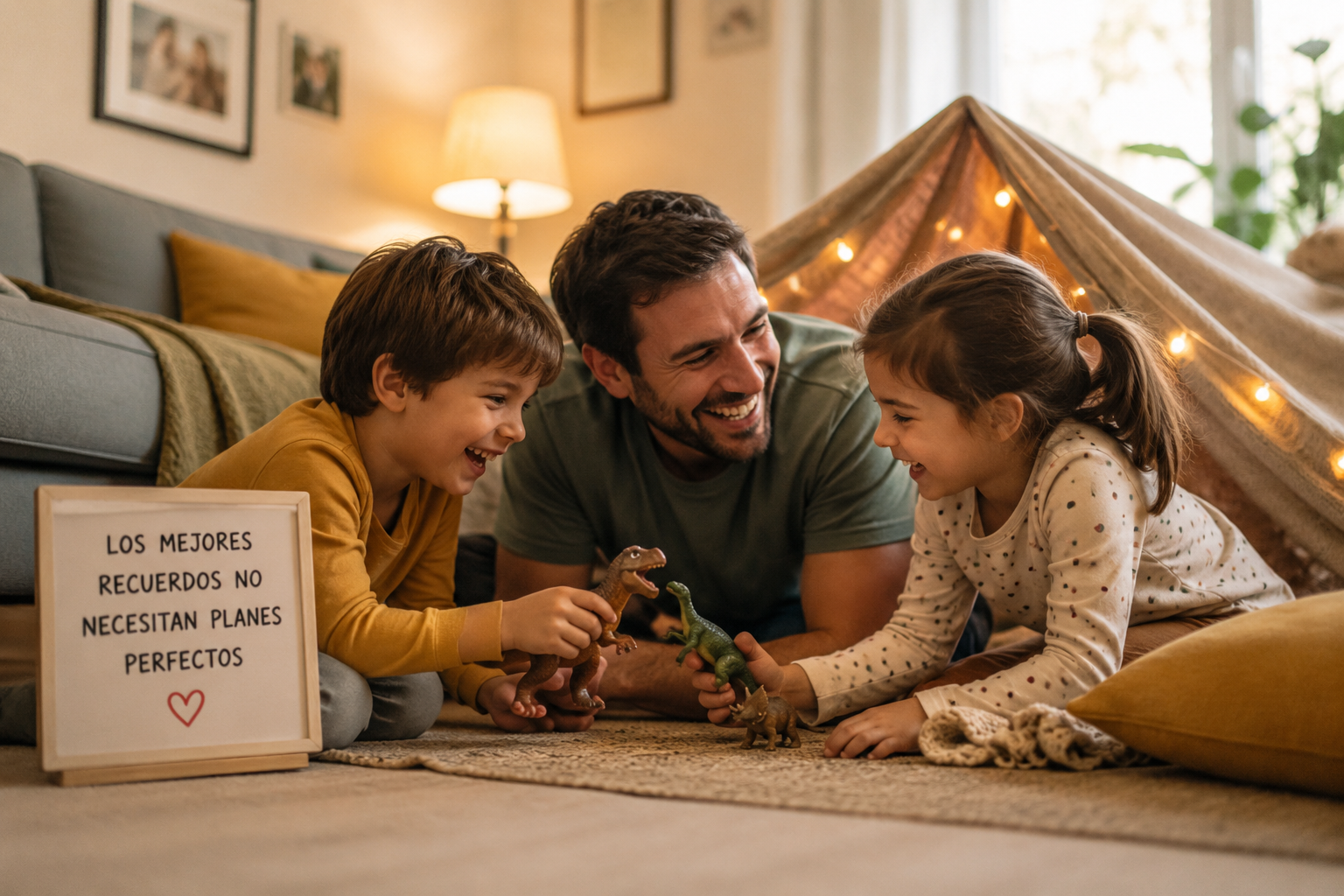 Un padre jugando con sus hijos en el salón y creando un momento de conexión familiar