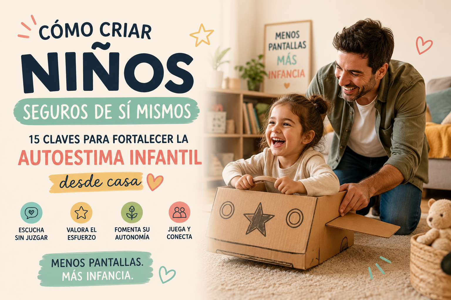 Padre y niña jugando juntos en el salón para fortalecer la autoestima infantil
