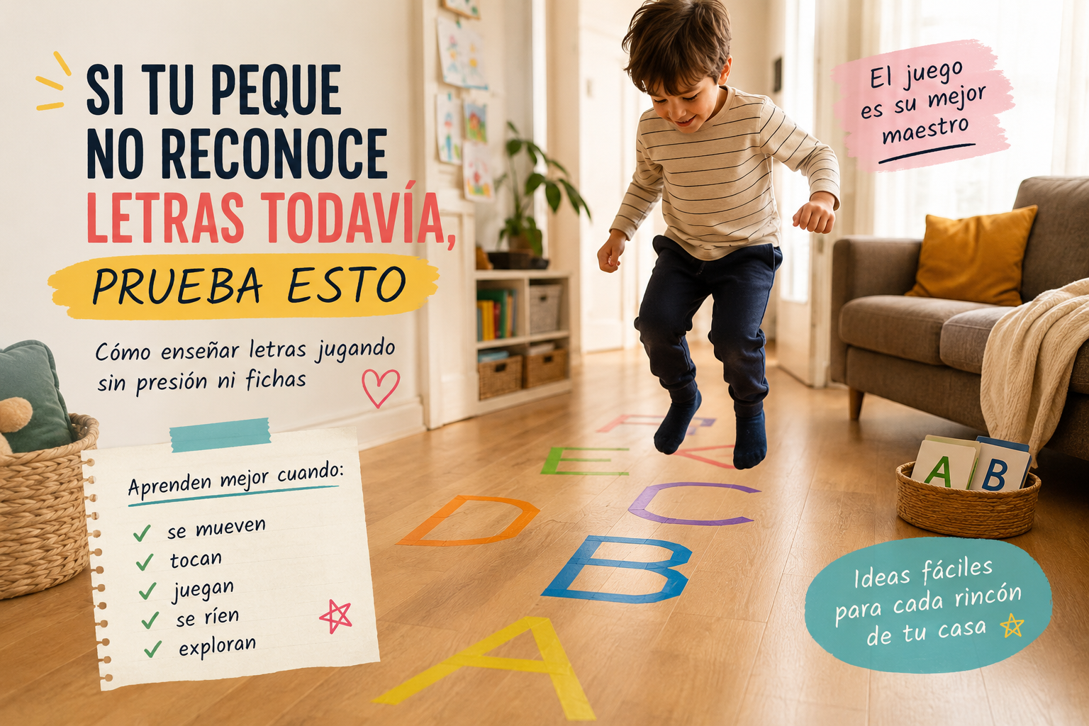 Peque jugando con letras gigantes hechas con cinta adhesiva en el suelo del salón