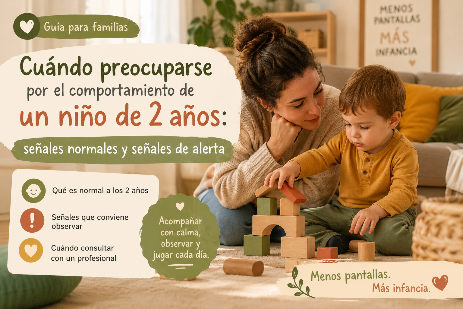 Madre sentada en el suelo junto a un niño de 2 años que está frustrado, en una escena cotidiana de casa