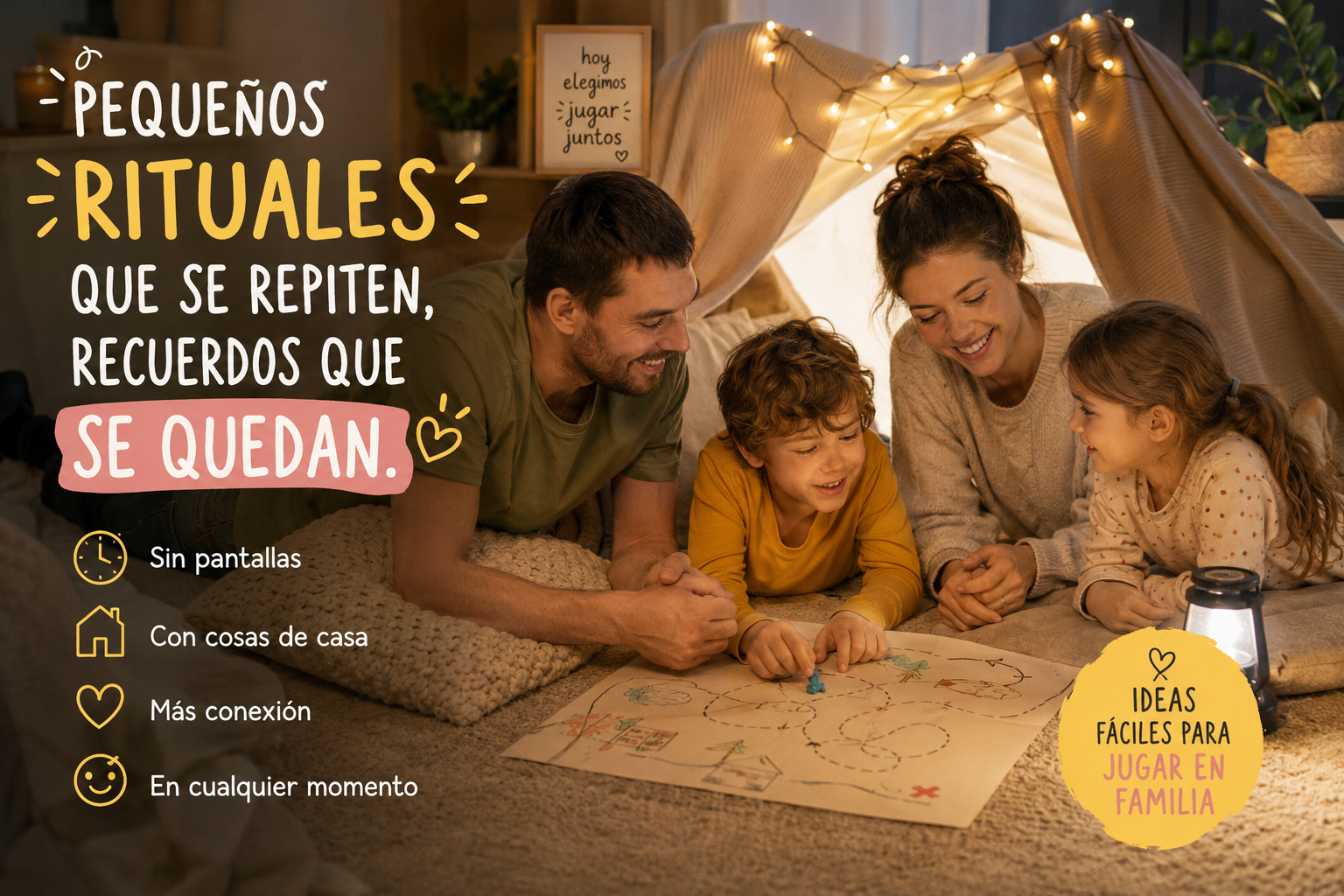 Familia jugando en casa y creando una pequeña tradición sin pantallas