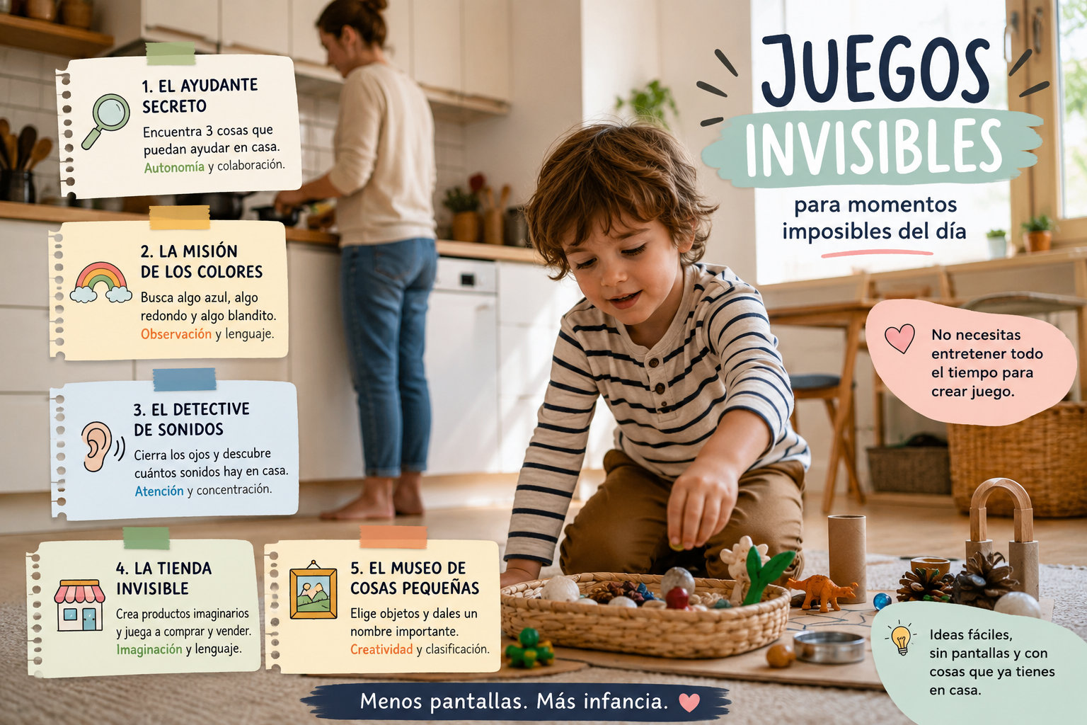 Niño jugando sin pantallas mientras un adulto cocina en casa
