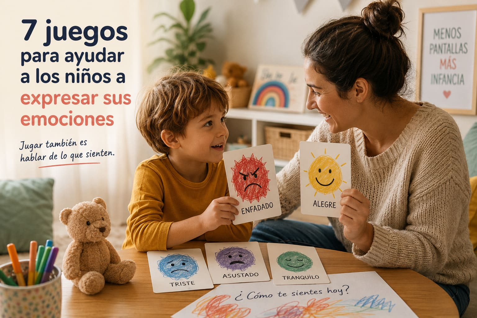Niño y adulto jugando juntos a reconocer y expresar emociones
