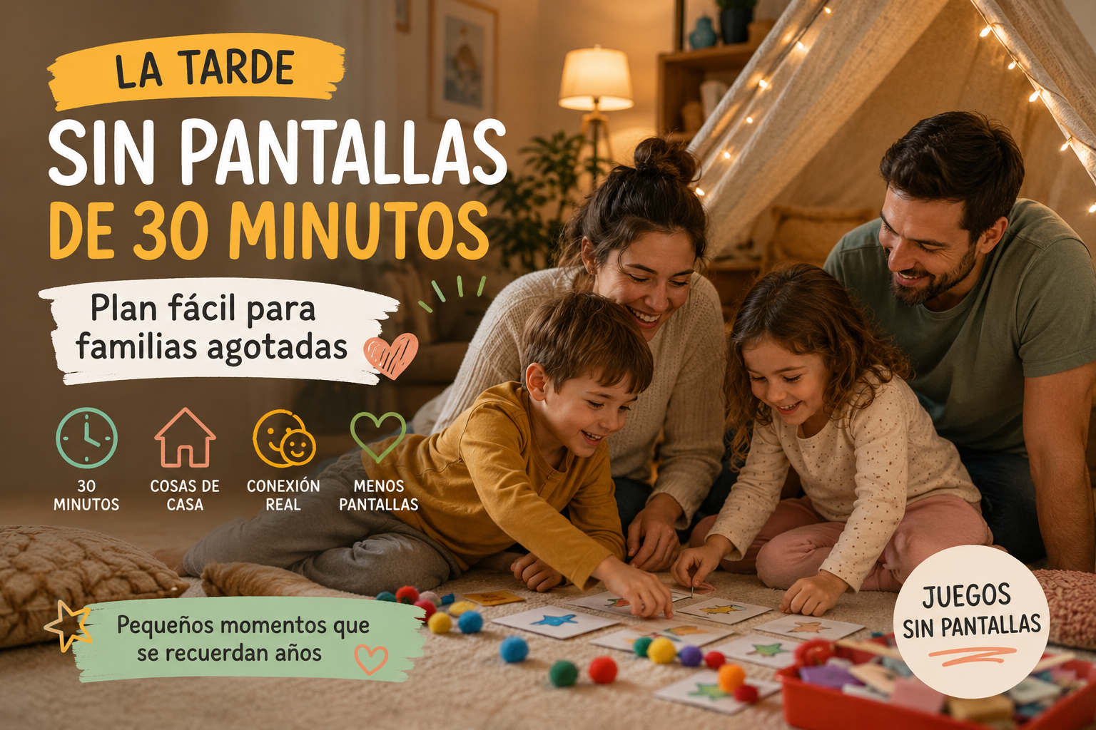 Familia jugando junta en casa sin pantallas