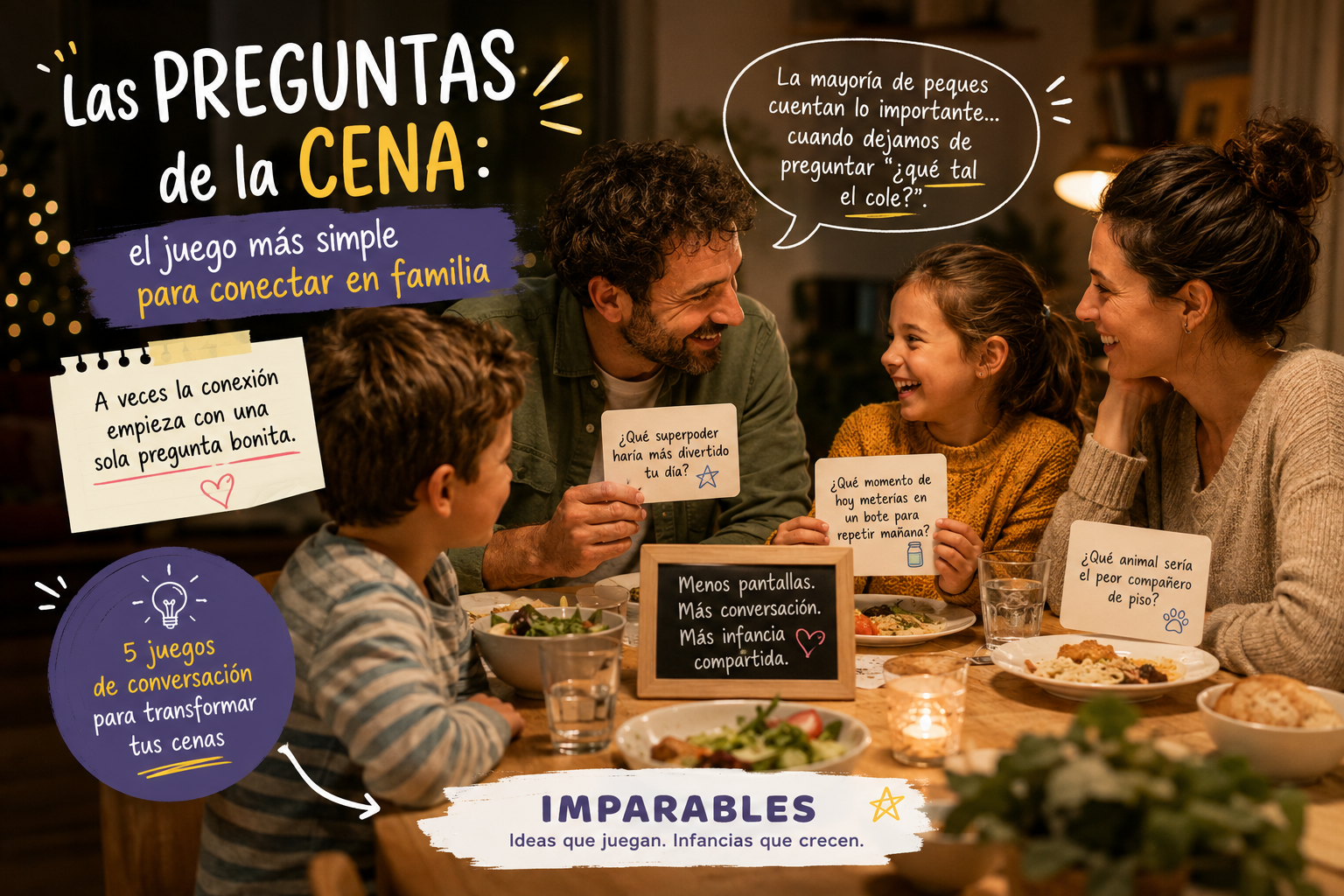 Familia cenando y jugando con preguntas divertidas en la mesa