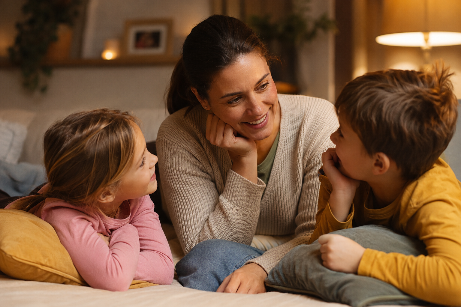 Madre y dos niños conversando y riendo juntos en el salón con luz cálida